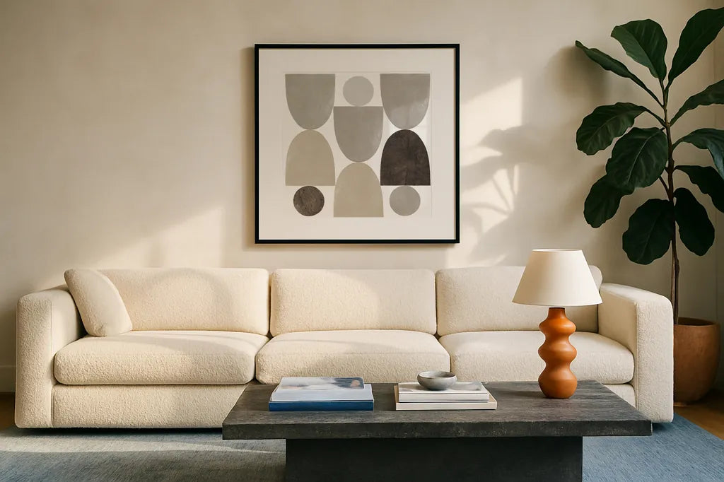 Ups and Downs Sq by Wild Apple Portfolio. Displayed in a glass frame with matte in a clean modern living room. Available as an archival giclee rolled canvas, fine art paper, or poster print. SKU 73930a.