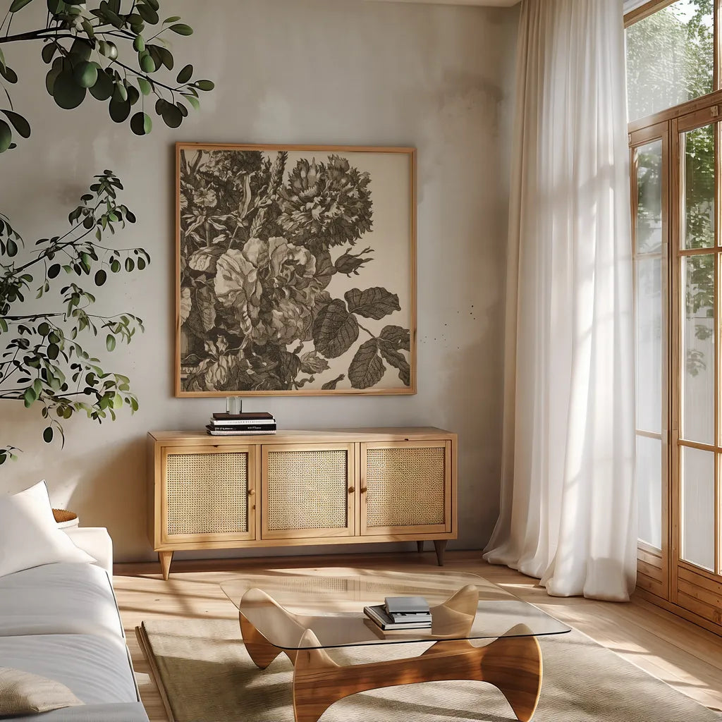 Urn Arrangement II by Wild Apple Portfolio. Shown in a natural wood frame in a cozy modern living room. Available as an archival giclee rolled canvas, fine art paper, or poster print. SKU 95557a.