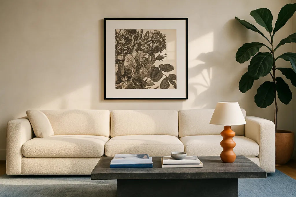 Urn Arrangement II by Wild Apple Portfolio. Displayed in a glass frame with matte in a clean modern living room. Available as an archival giclee rolled canvas, fine art paper, or poster print. SKU 95557a.