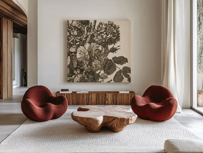 Urn Arrangement II by Wild Apple Portfolio. Shown as extra-large giant wall art in a modern living room. Available as an archival giclee rolled canvas, fine art paper, or poster print. SKU 95557a.