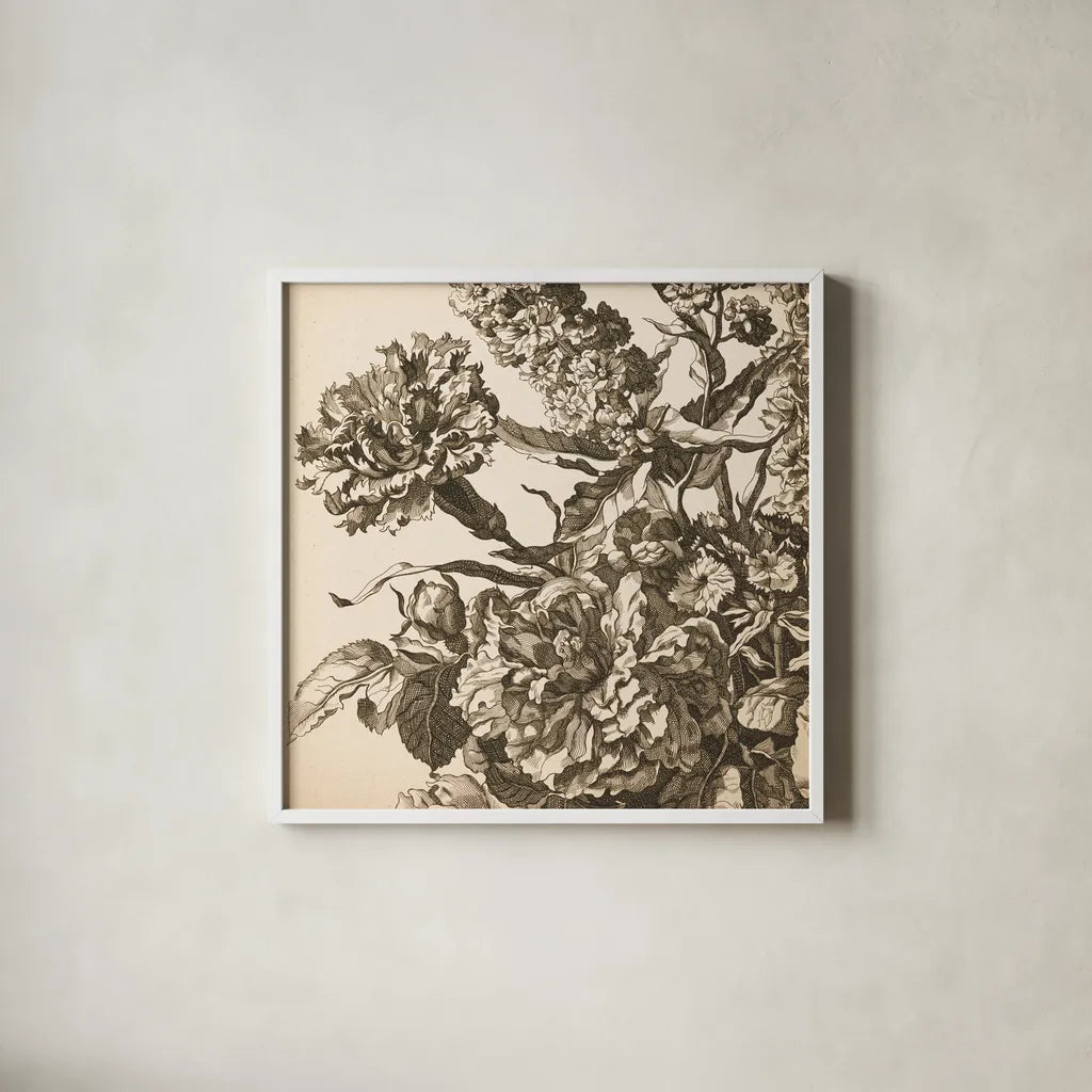 Urn Arrangement III by Wild Apple Portfolio. Shown in a crisp white glass frame for a clean and minimalist style. Available as an archival giclee rolled canvas, fine art paper, or poster print. SKU 95558a.