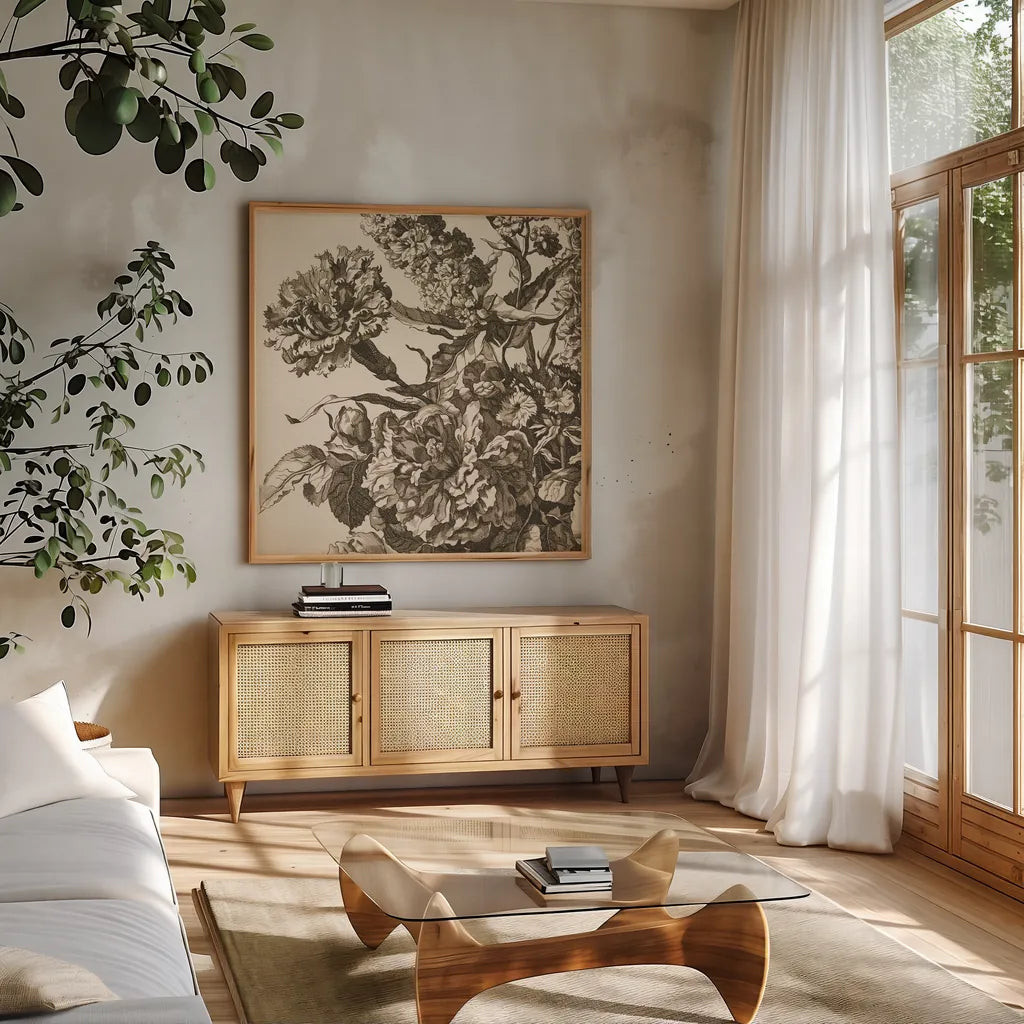 Urn Arrangement III by Wild Apple Portfolio. Shown in a natural wood frame in a cozy modern living room. Available as an archival giclee rolled canvas, fine art paper, or poster print. SKU 95558a.