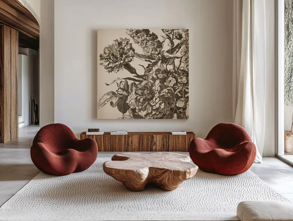 Urn Arrangement III by Wild Apple Portfolio. Shown as extra-large giant wall art in a modern living room. Available as an archival giclee rolled canvas, fine art paper, or poster print. SKU 95558a.