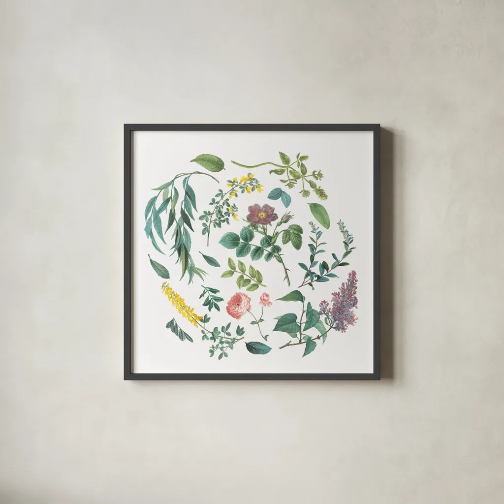 Victorian Garden Bright I by Wild Apple Portfolio. Shown in a sleek black glass frame for a contemporary gallery look. Available as an archival giclee rolled canvas, fine art paper, or poster print. SKU 77661a.