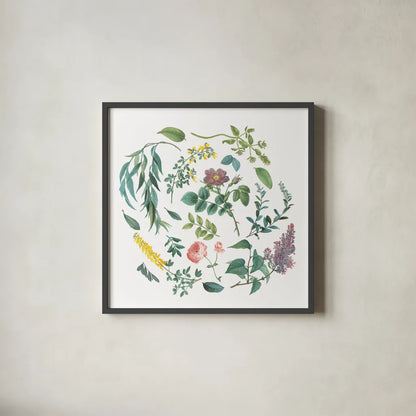 Victorian Garden Bright I by Wild Apple Portfolio. Shown in a sleek black glass frame for a contemporary gallery look. Available as an archival giclee rolled canvas, fine art paper, or poster print. SKU 77661a.