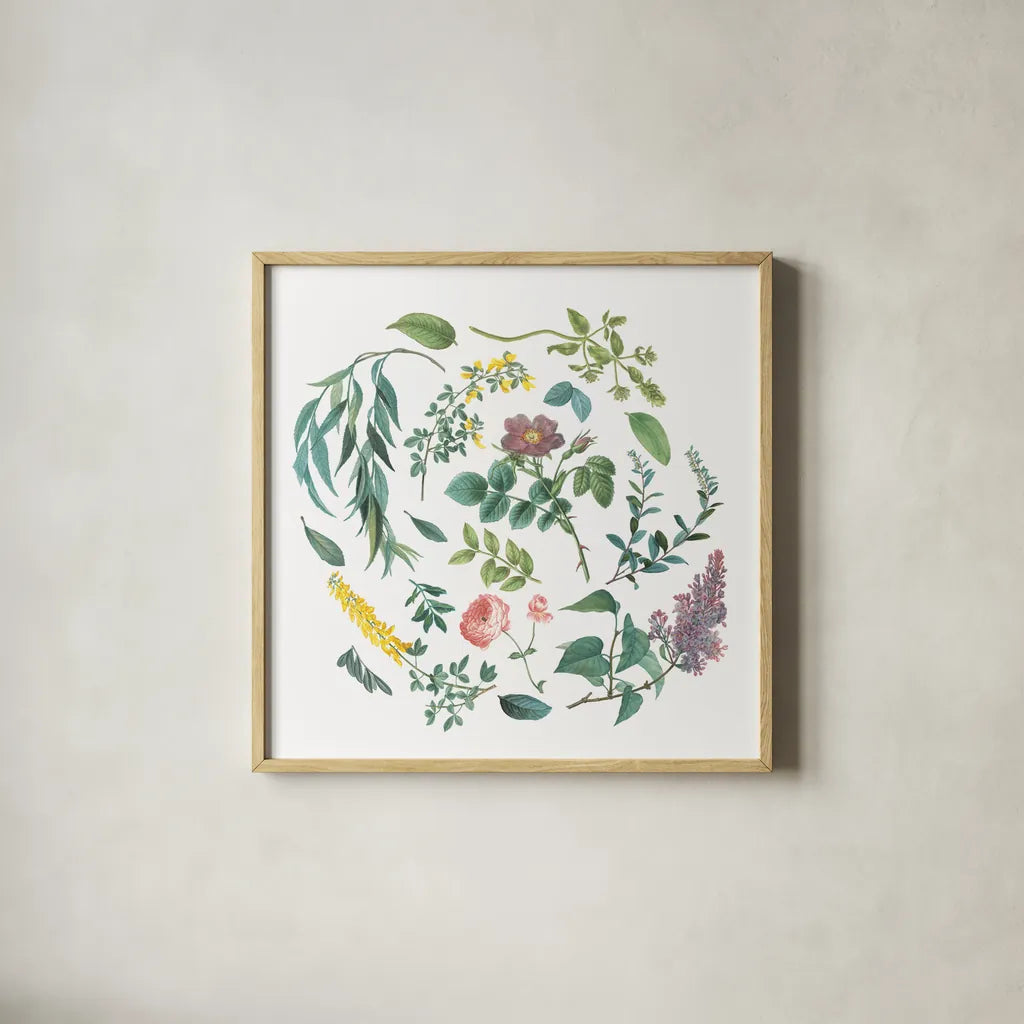 Victorian Garden Bright I by Wild Apple Portfolio. Shown in a natural wood glass frame for a timeless modern aesthetic. Available as an archival giclee rolled canvas, fine art paper, or poster print. SKU 77661a.