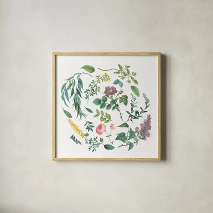 Victorian Garden Bright I by Wild Apple Portfolio. Shown in a natural wood glass frame for a timeless modern aesthetic. Available as an archival giclee rolled canvas, fine art paper, or poster print. SKU 77661a.