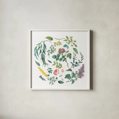 Victorian Garden Bright I by Wild Apple Portfolio. Shown in a crisp white glass frame for a clean and minimalist style. Available as an archival giclee rolled canvas, fine art paper, or poster print. SKU 77661a.