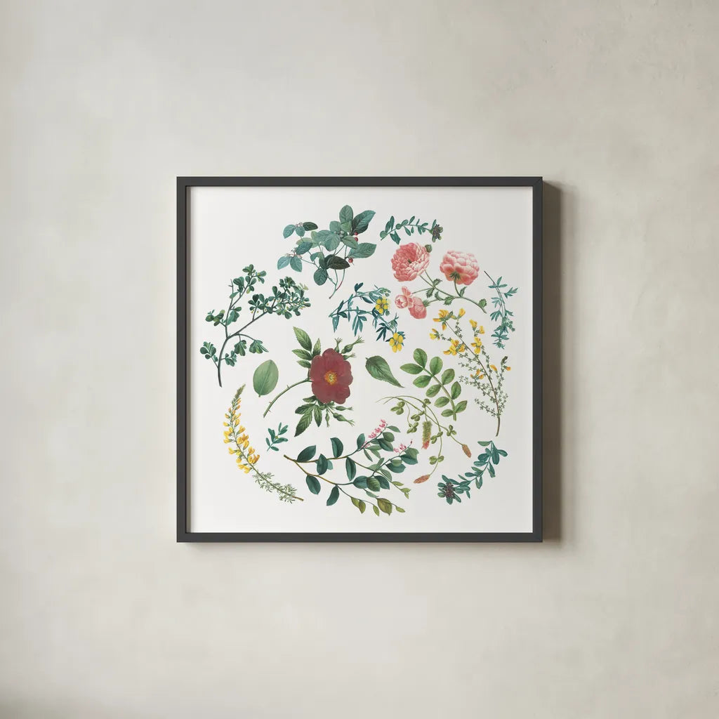Victorian Garden Bright II by Wild Apple Portfolio. Shown in a sleek black glass frame for a contemporary gallery look. Available as an archival giclee rolled canvas, fine art paper, or poster print. SKU 77662a.