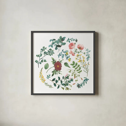Victorian Garden Bright II by Wild Apple Portfolio. Shown in a sleek black glass frame for a contemporary gallery look. Available as an archival giclee rolled canvas, fine art paper, or poster print. SKU 77662a.