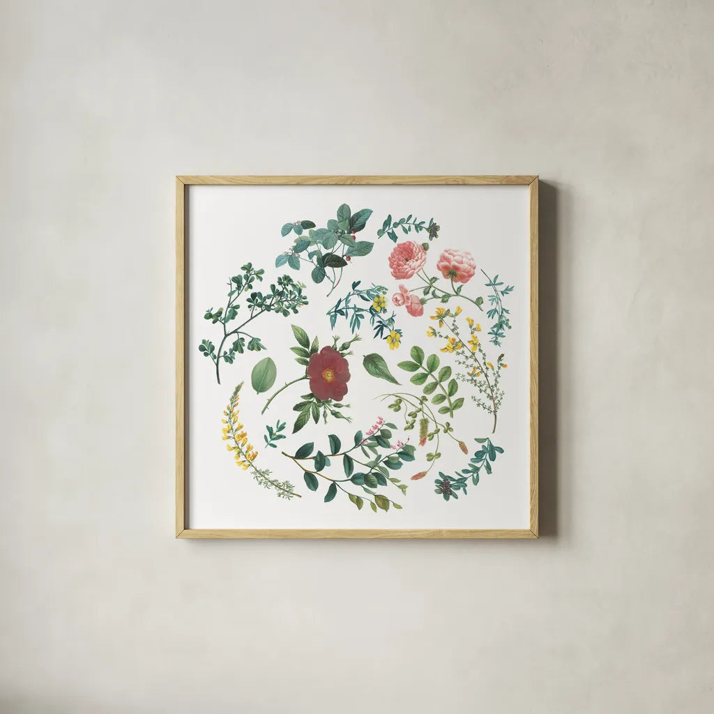 Victorian Garden Bright II by Wild Apple Portfolio. Shown in a natural wood glass frame for a timeless modern aesthetic. Available as an archival giclee rolled canvas, fine art paper, or poster print. SKU 77662a.