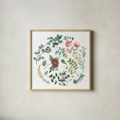 Victorian Garden Bright II by Wild Apple Portfolio. Shown in a natural wood glass frame for a timeless modern aesthetic. Available as an archival giclee rolled canvas, fine art paper, or poster print. SKU 77662a.