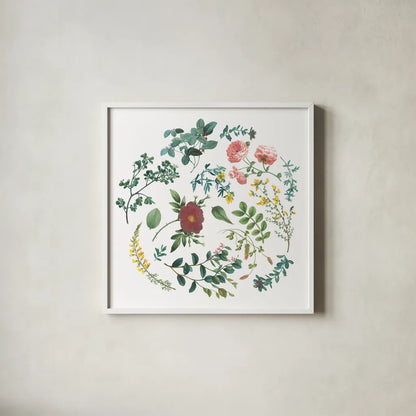 Victorian Garden Bright II by Wild Apple Portfolio. Shown in a crisp white glass frame for a clean and minimalist style. Available as an archival giclee rolled canvas, fine art paper, or poster print. SKU 77662a.