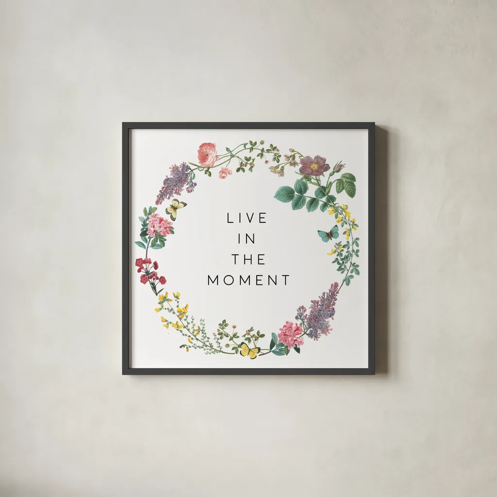 Victorian Garden Bright V by Wild Apple Portfolio. Shown in a sleek black glass frame for a contemporary gallery look. Available as an archival giclee rolled canvas, fine art paper, or poster print. SKU 77665a.