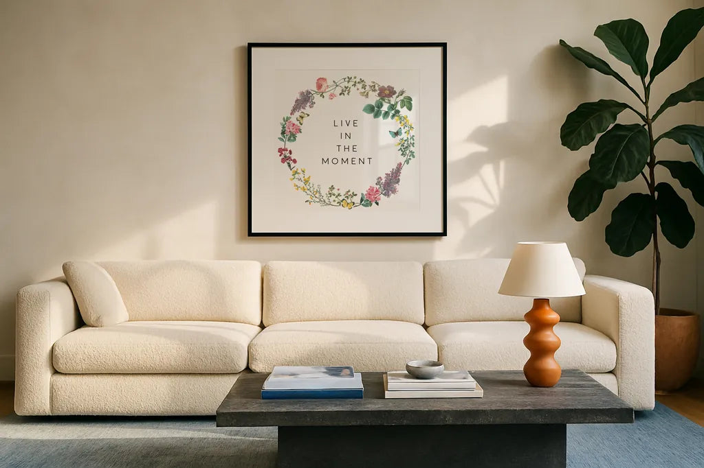 Victorian Garden Bright V by Wild Apple Portfolio. Displayed in a glass frame with matte in a clean modern living room. Available as an archival giclee rolled canvas, fine art paper, or poster print. SKU 77665a.