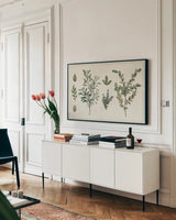 Victorian Garden Chart I by Wild Apple Portfolio. shown as a framed stretched canvas in a living room above a console. Available as a archival giclee rolled canvas, fine art paper, or poster print. SKU 69181i.