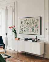 Victorian Garden III by Wild Apple Portfolio. shown as a framed stretched canvas in a living room above a console. Available as a archival giclee rolled canvas, fine art paper, or poster print. SKU 46807i.