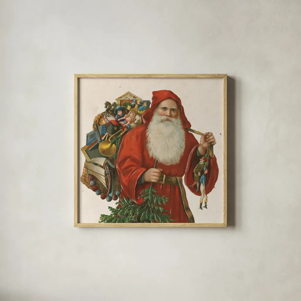Victorian Santa III by Wild Apple Portfolio. Shown in a natural wood glass frame for a timeless modern aesthetic. Available as an archival giclee rolled canvas, fine art paper, or poster print. SKU 57213a.