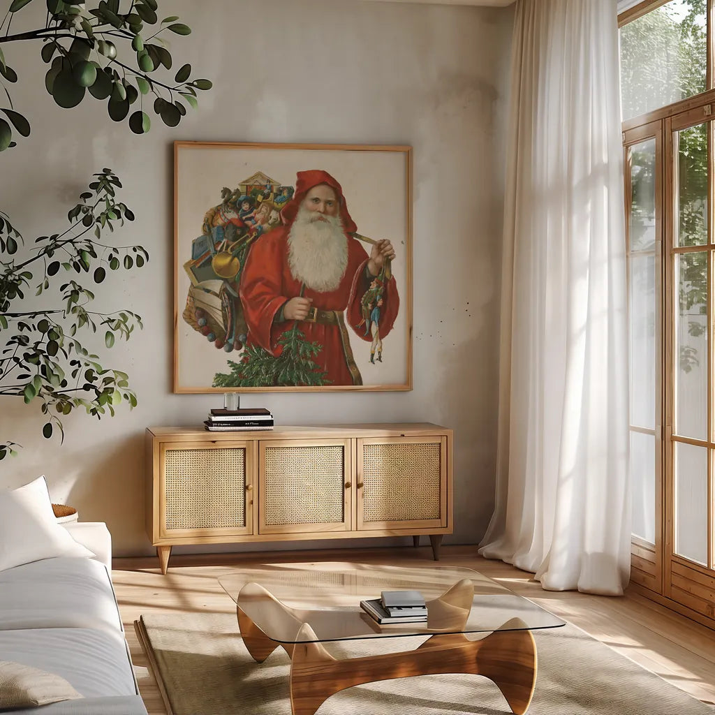 Victorian Santa III by Wild Apple Portfolio. Shown in a natural wood frame in a cozy modern living room. Available as an archival giclee rolled canvas, fine art paper, or poster print. SKU 57213a.