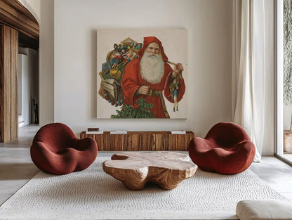 Victorian Santa III by Wild Apple Portfolio. Shown as extra-large giant wall art in a modern living room. Available as an archival giclee rolled canvas, fine art paper, or poster print. SKU 57213a.
