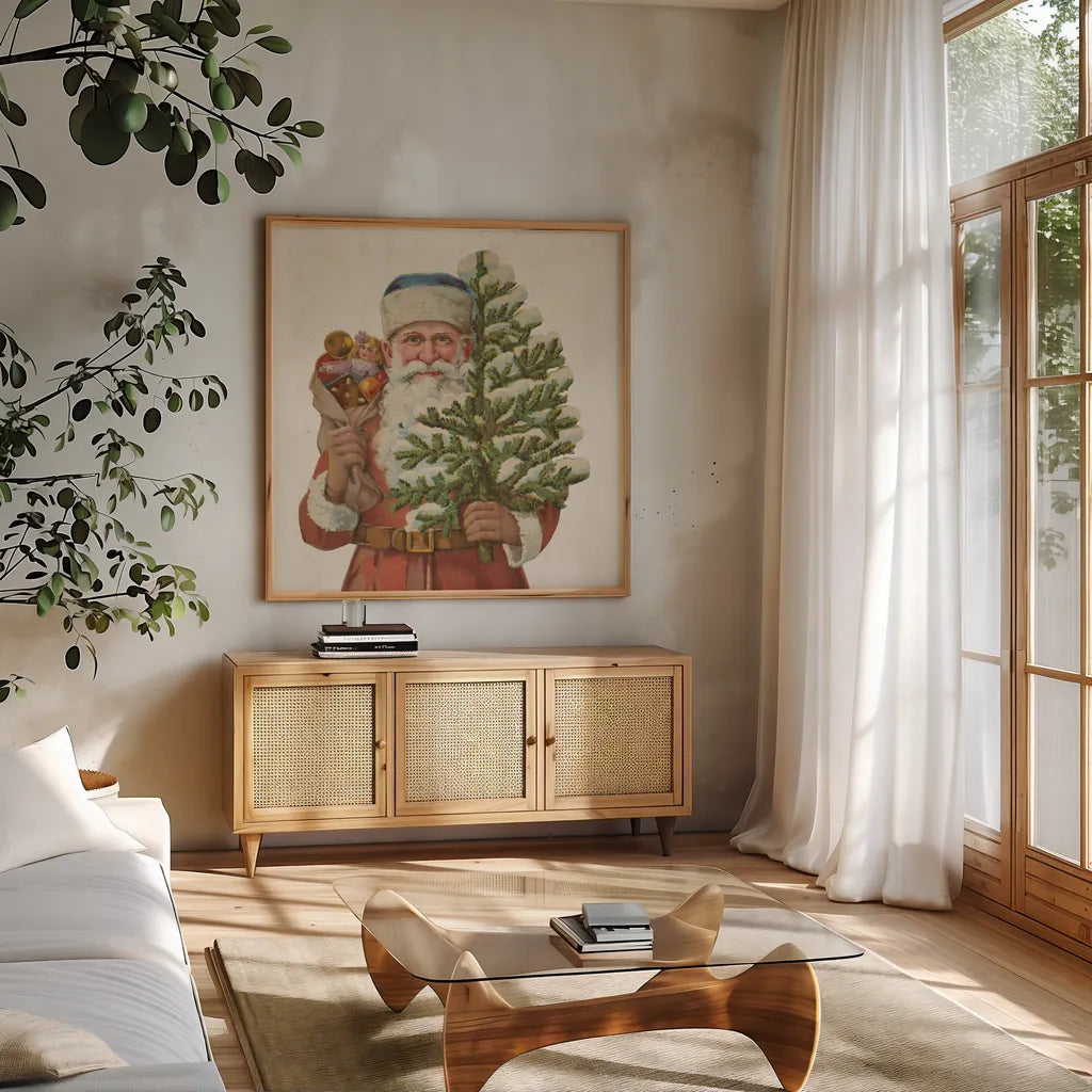 Victorian Santa IV by Wild Apple Portfolio. Shown in a natural wood frame in a cozy modern living room. Available as an archival giclee rolled canvas, fine art paper, or poster print. SKU 57214a.