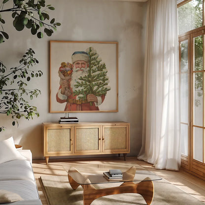 Victorian Santa IV by Wild Apple Portfolio. Shown in a natural wood frame in a cozy modern living room. Available as an archival giclee rolled canvas, fine art paper, or poster print. SKU 57214a.