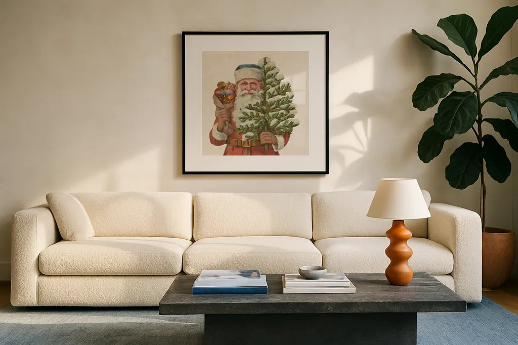 Victorian Santa IV by Wild Apple Portfolio. Displayed in a glass frame with matte in a clean modern living room. Available as an archival giclee rolled canvas, fine art paper, or poster print. SKU 57214a.