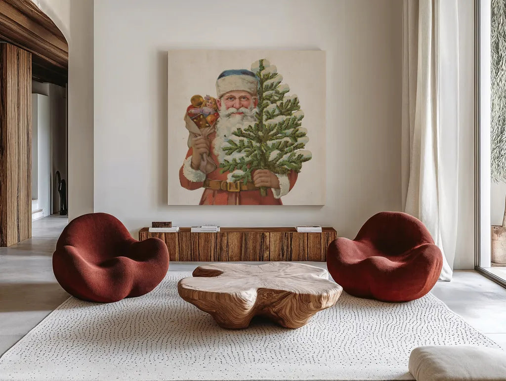 Victorian Santa IV by Wild Apple Portfolio. Shown as extra-large giant wall art in a modern living room. Available as an archival giclee rolled canvas, fine art paper, or poster print. SKU 57214a.