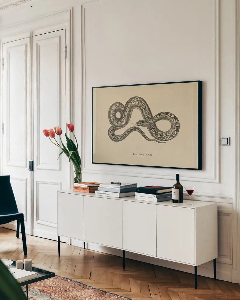 Vintage Boa Constrictor by Wild Apple Portfolio. shown as a framed stretched canvas in a living room above a console. Available as a archival giclee rolled canvas, fine art paper, or poster print. SKU 49212i.