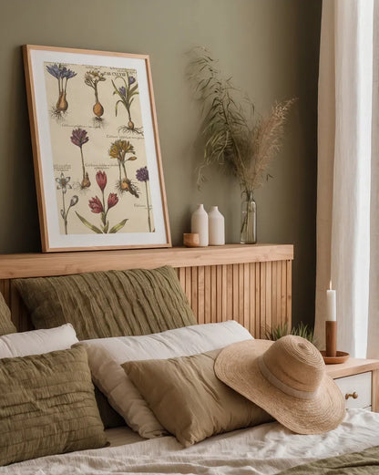 Vintage Florilegium I by Wild Apple Portfolio. shown as a paper print in a natural frame. Available as a archival giclee rolled canvas, fine art paper, or poster print. SKU 45407h.