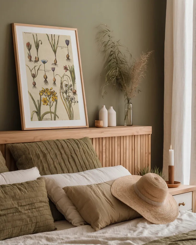 Vintage Florilegium II by Wild Apple Portfolio. shown as a paper print in a natural frame. Available as a archival giclee rolled canvas, fine art paper, or poster print. SKU 45408h.