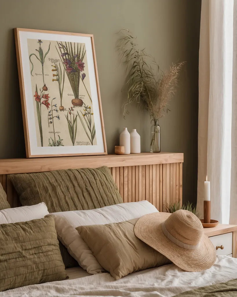 Vintage Florilegium III by Wild Apple Portfolio. shown as a paper print in a natural frame. Available as a archival giclee rolled canvas, fine art paper, or poster print. SKU 45409h.