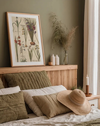 Vintage Florilegium III by Wild Apple Portfolio. shown as a paper print in a natural frame. Available as a archival giclee rolled canvas, fine art paper, or poster print. SKU 45409h.