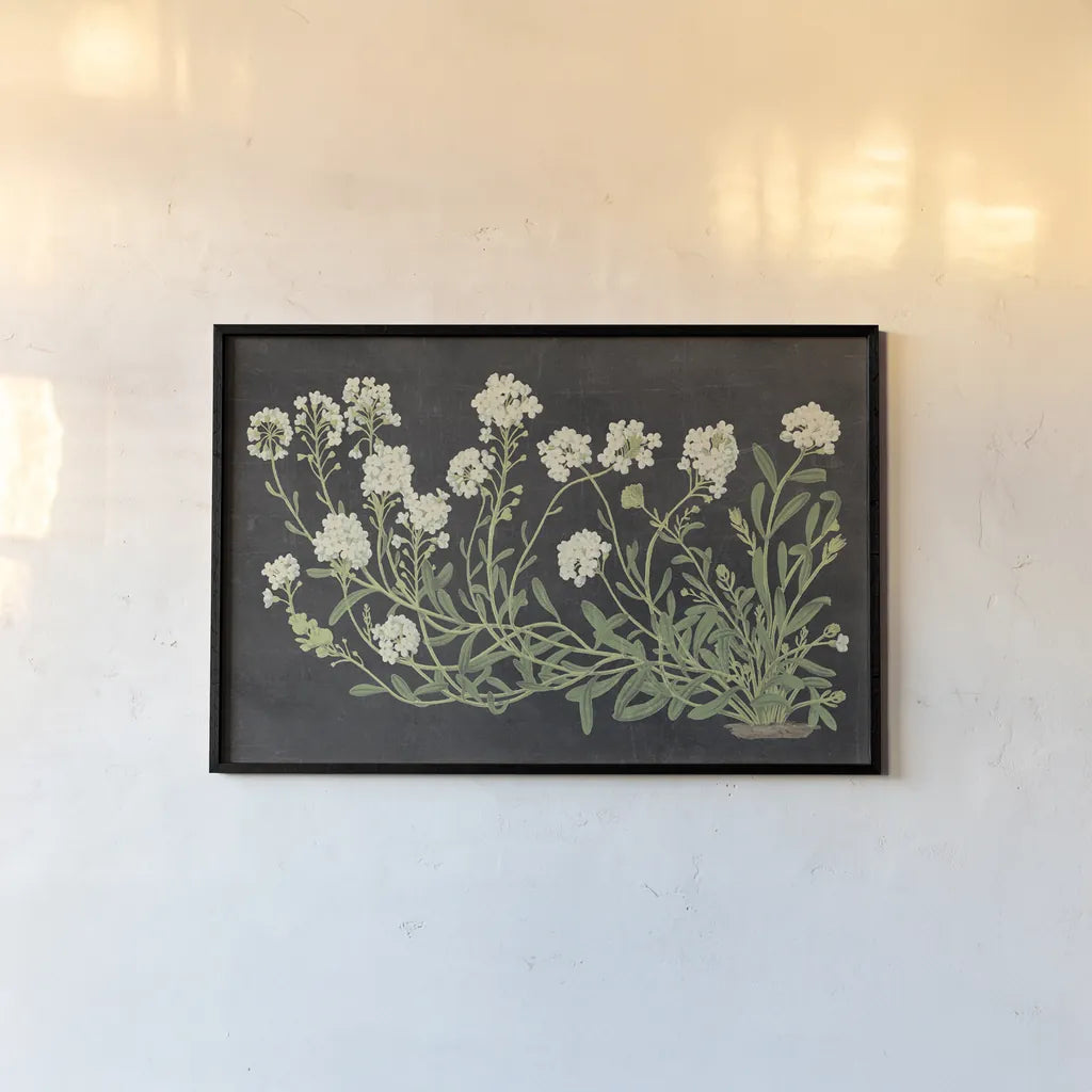 Vintage Flowers on Black by Wild Apple Portfolio. shown as a paper print in a black flame. Available as a archival giclee rolled canvas, fine art paper, or poster print. SKU 81008i.