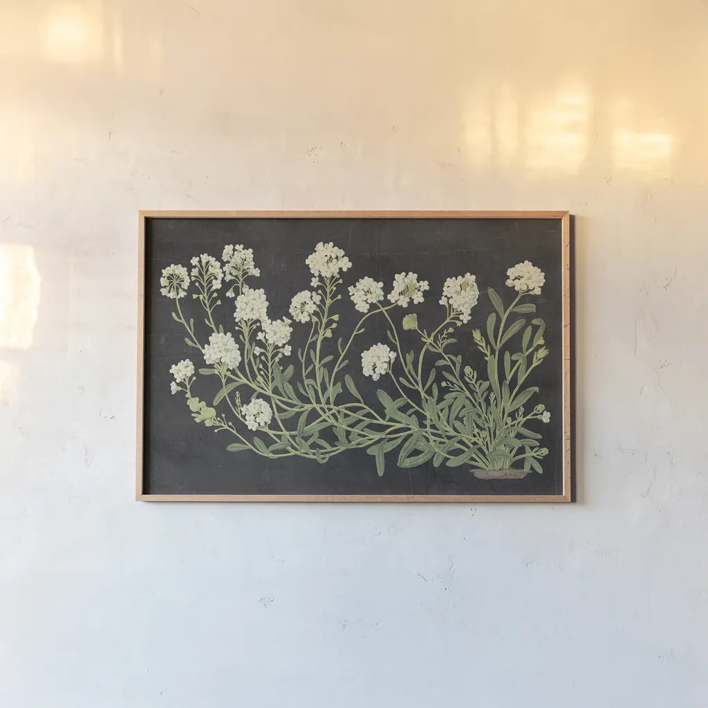 Vintage Flowers on Black by Wild Apple Portfolio. shown as a paper print in a natural frame. Available as a archival giclee rolled canvas, fine art paper, or poster print. SKU 81008i.