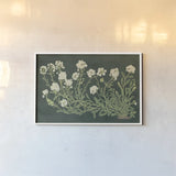 Vintage Flowers on Green by Wild Apple Portfolio. shown as a paper print in a white frame. Available as a archival giclee rolled canvas, fine art paper, or poster print. SKU 86643i.