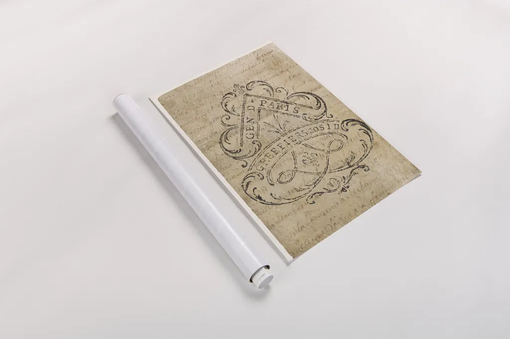 Vintage Letter Crest I Antique Border V2 by Wild Apple Portfolio. shown as a rolled paper print. Available as archival giclee rolled canvas, fine art paper, or poster print. SKU 37706h.