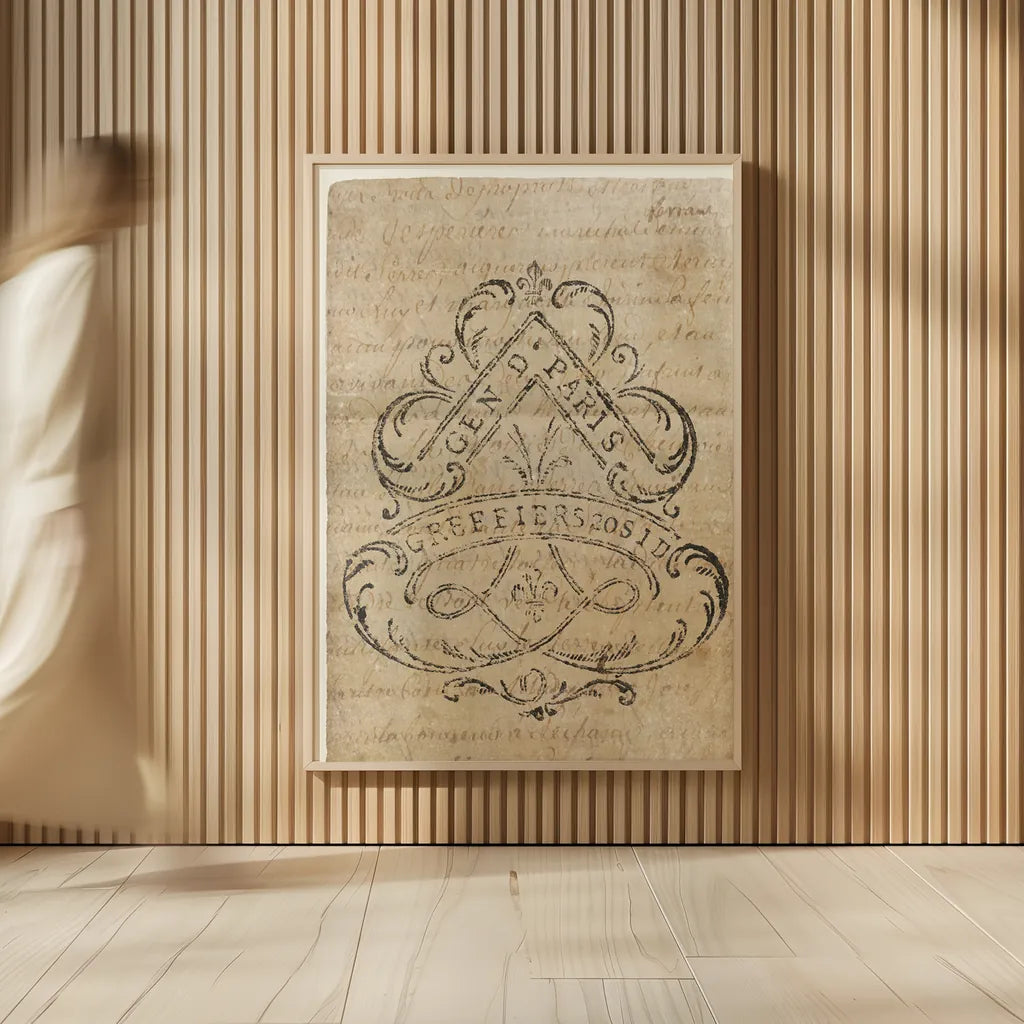 Vintage Letter Crest I Antique Border V2 by Wild Apple Portfolio. shown as over sized large wall art. Available as an archival giclee rolled canvas, fine art paper, or poster print. SKU 37706h.