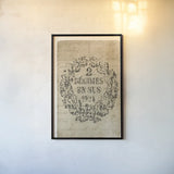 Vintage Letter Crest II Antique Border v3 by Wild Apple Portfolio. shown as a paper print in a black flame. Available as a archival giclee rolled canvas, fine art paper, or poster print. SKU 47830h.