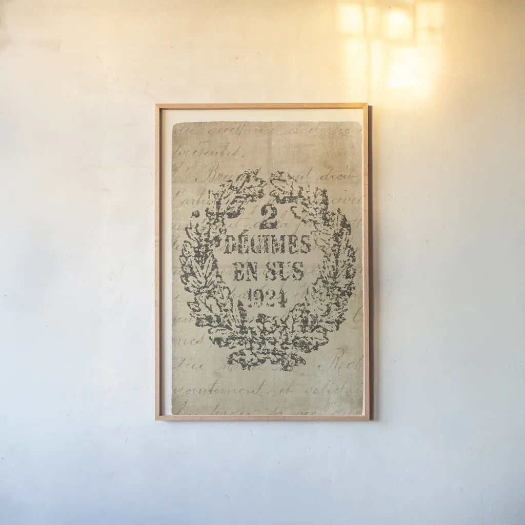 Vintage Letter Crest II Antique Border v3 by Wild Apple Portfolio. shown as a paper print in a natural frame. Available as a archival giclee rolled canvas, fine art paper, or poster print. SKU 47830h.