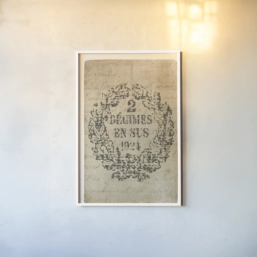 Vintage Letter Crest II Antique Border v3 by Wild Apple Portfolio. shown as a paper print in a white frame. Available as a archival giclee rolled canvas, fine art paper, or poster print. SKU 47830h.