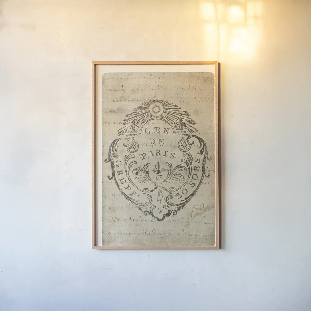 Vintage Letter Crest IIA Antique Border v3 by Wild Apple Portfolio. shown as a paper print in a natural frame. Available as a archival giclee rolled canvas, fine art paper, or poster print. SKU 47831h.
