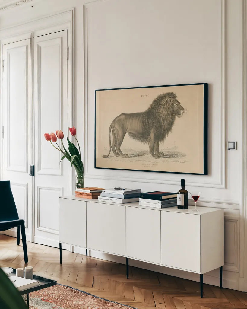 Vintage Lion by Wild Apple Portfolio. shown as a framed stretched canvas in a living room above a console. Available as a archival giclee rolled canvas, fine art paper, or poster print. SKU 45678i.