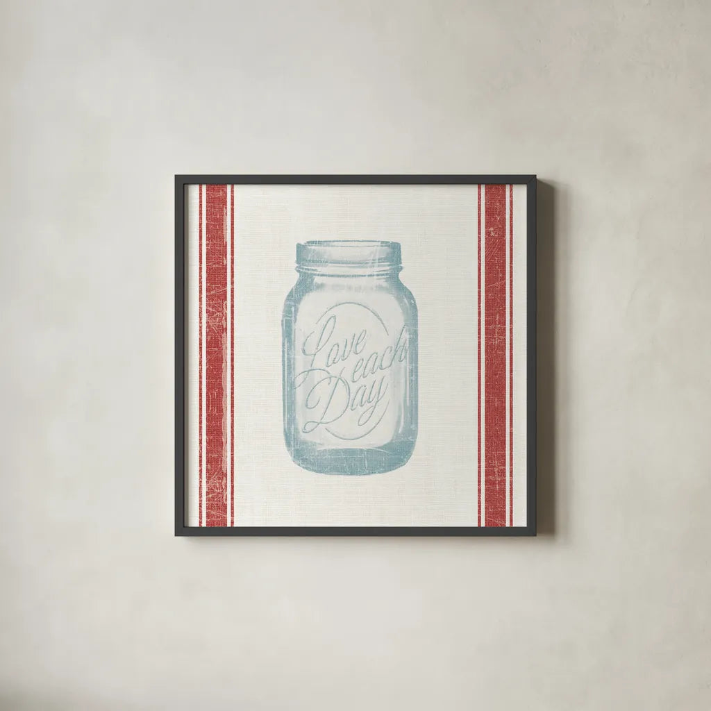 Vintage Mason Jar I by Wild Apple Portfolio. Shown in a sleek black glass frame for a contemporary gallery look. Available as an archival giclee rolled canvas, fine art paper, or poster print. SKU 57422a.