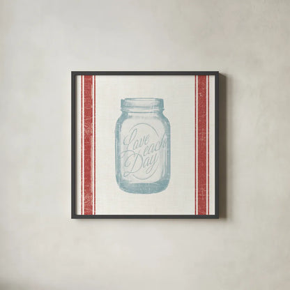 Vintage Mason Jar I by Wild Apple Portfolio. Shown in a sleek black glass frame for a contemporary gallery look. Available as an archival giclee rolled canvas, fine art paper, or poster print. SKU 57422a.