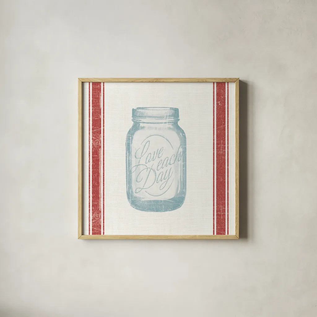 Vintage Mason Jar I by Wild Apple Portfolio. Shown in a natural wood glass frame for a timeless modern aesthetic. Available as an archival giclee rolled canvas, fine art paper, or poster print. SKU 57422a.