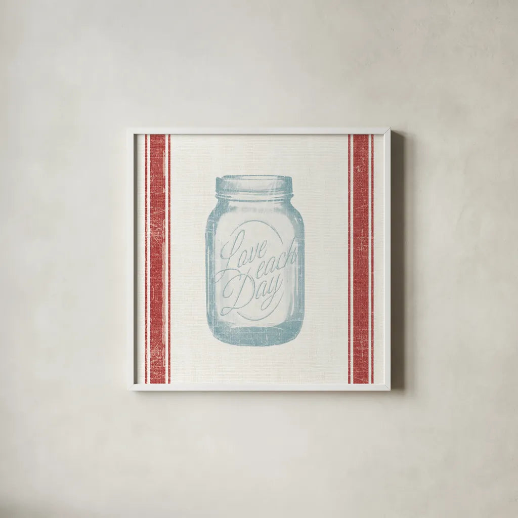 Vintage Mason Jar I by Wild Apple Portfolio. Shown in a crisp white glass frame for a clean and minimalist style. Available as an archival giclee rolled canvas, fine art paper, or poster print. SKU 57422a.