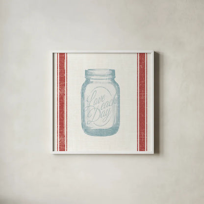 Vintage Mason Jar I by Wild Apple Portfolio. Shown in a crisp white glass frame for a clean and minimalist style. Available as an archival giclee rolled canvas, fine art paper, or poster print. SKU 57422a.