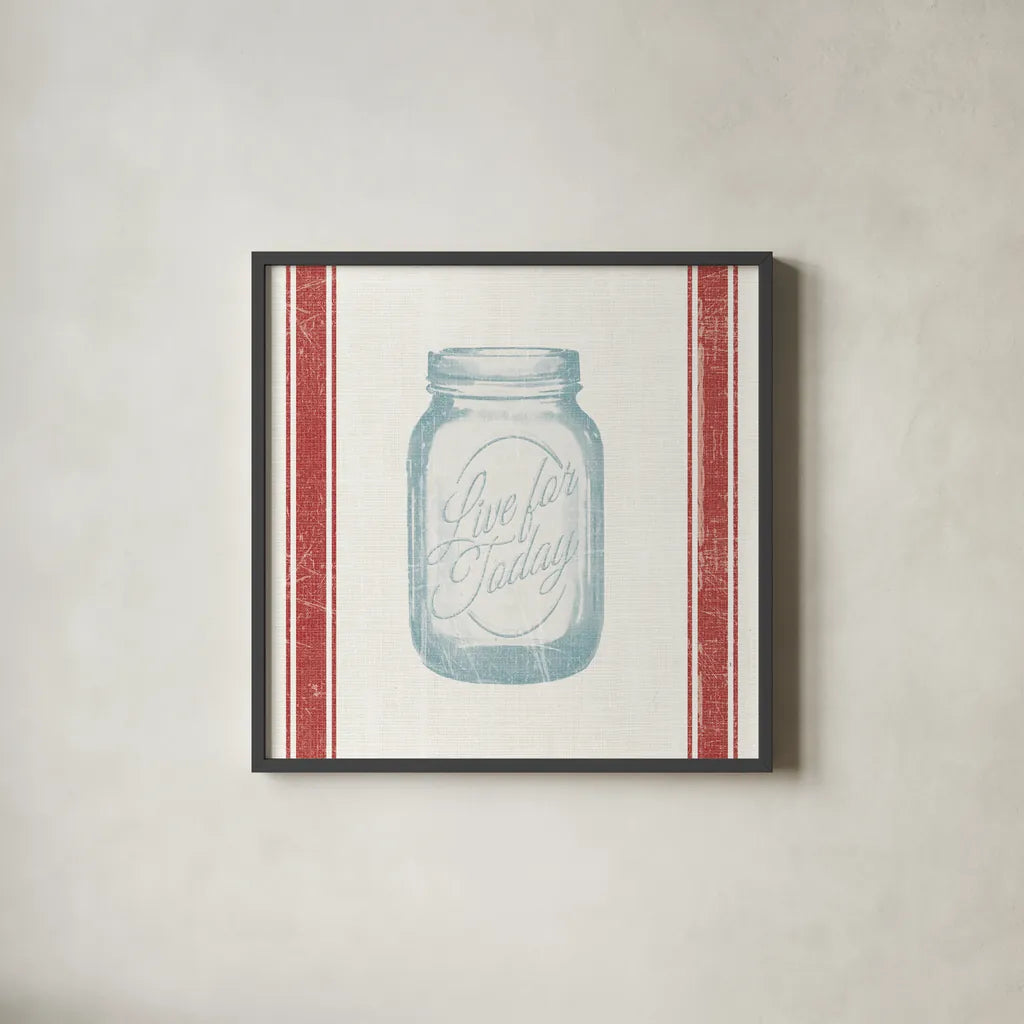 Vintage Mason Jar II by Wild Apple Portfolio. Shown in a sleek black glass frame for a contemporary gallery look. Available as an archival giclee rolled canvas, fine art paper, or poster print. SKU 57423a.