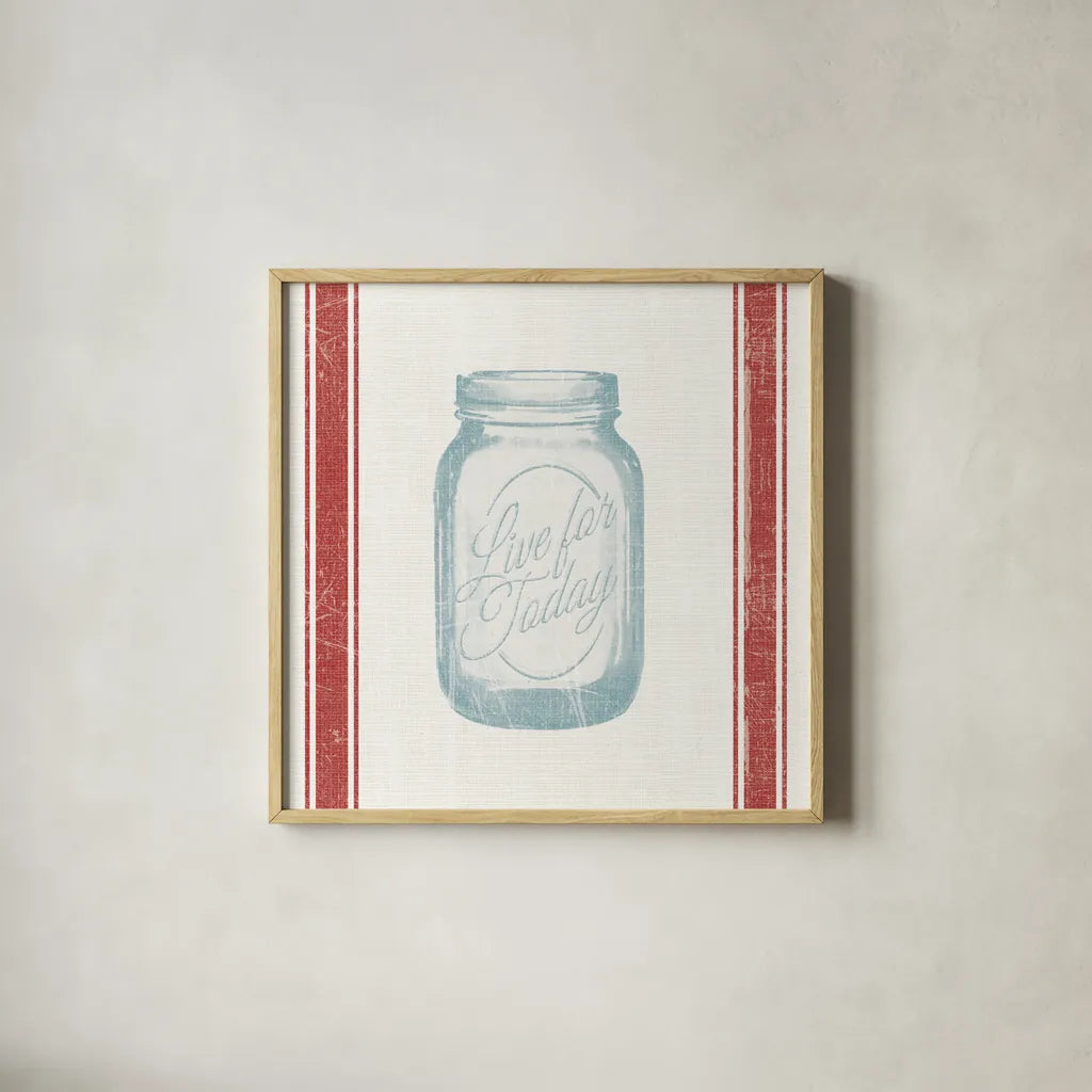 Vintage Mason Jar II by Wild Apple Portfolio. Shown in a natural wood glass frame for a timeless modern aesthetic. Available as an archival giclee rolled canvas, fine art paper, or poster print. SKU 57423a.